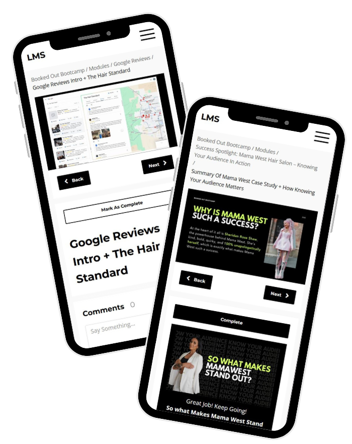 Booked Out Bootcamp LMS course modules shown on mobile